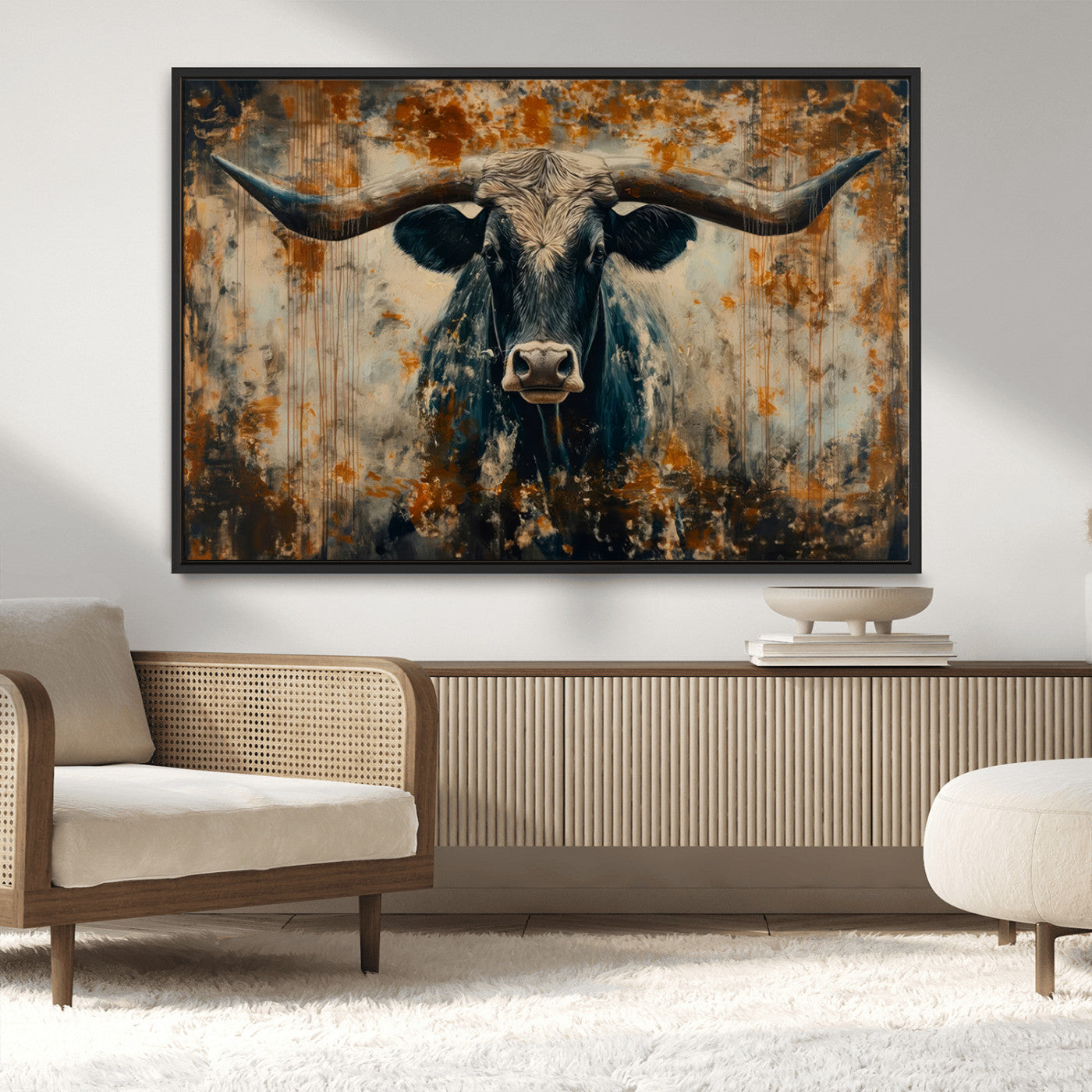 MGV-FC-36X24 - Abstract Longhorn Bull Wall Art | Rustic Western Wall Decor | Framed and Ready to Hang | Ideal for