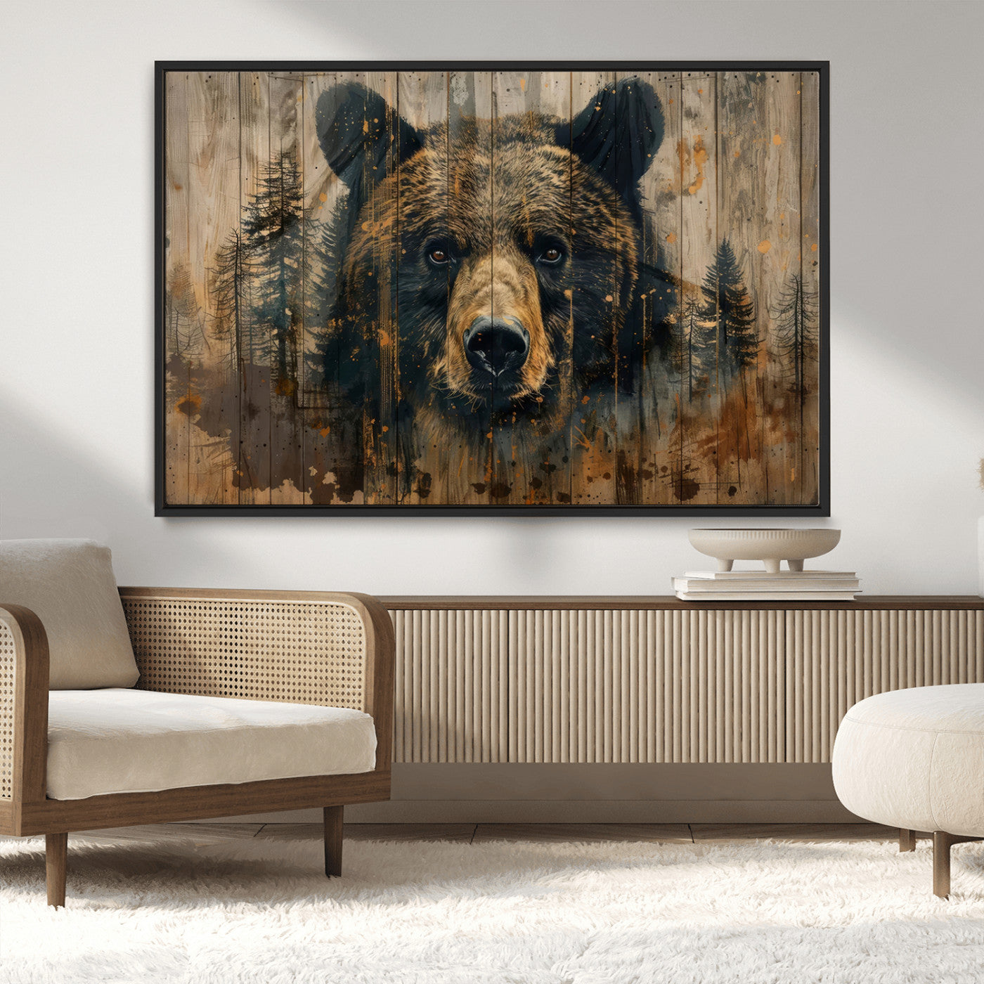 MGV-FC-36X24 - Abstract 399 Bear Wall Art | Rustic Cabin Wall Decor with Forest Design | Framed and Ready to Hang |