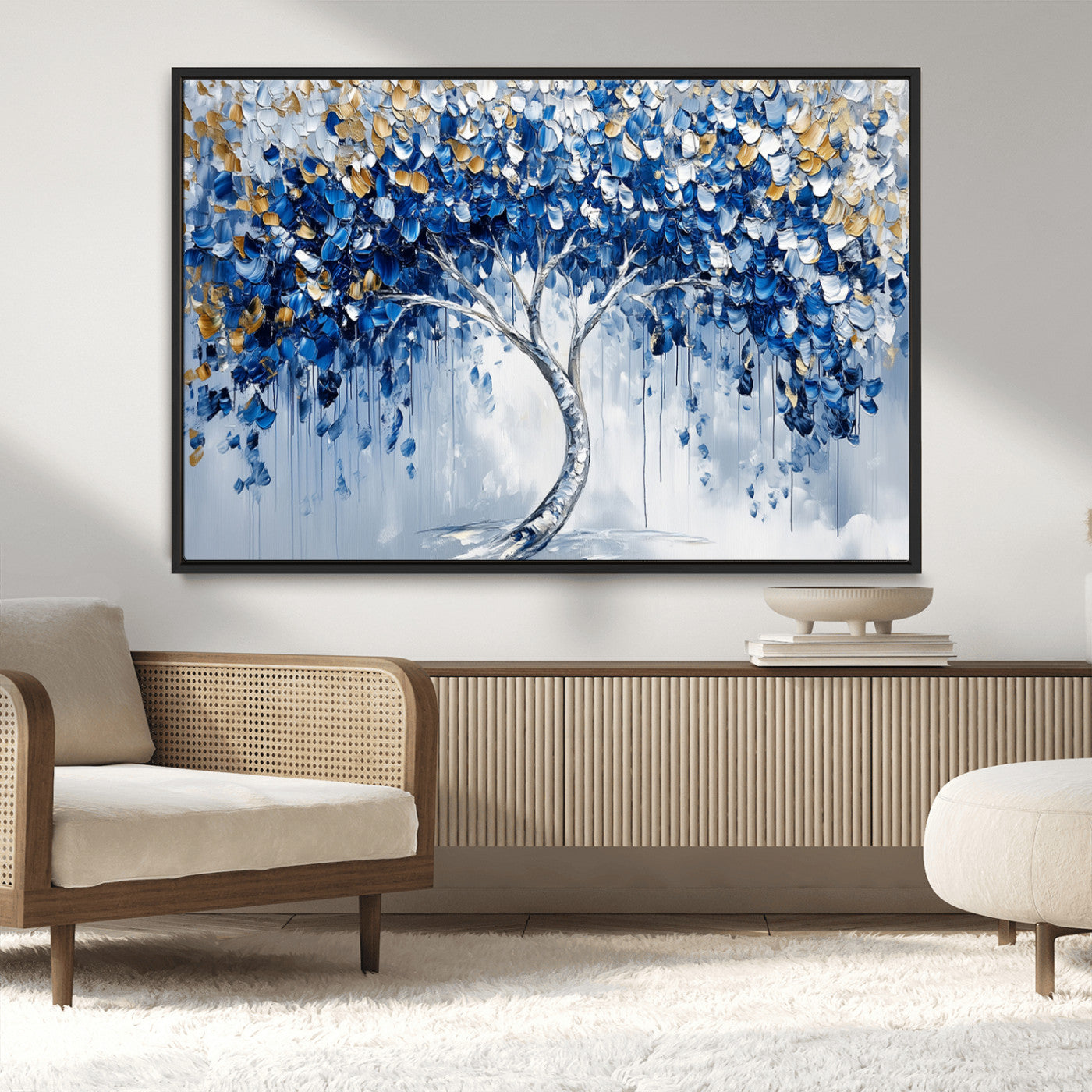 MGV-FC-36X24 - Blue and Gold Abstract Tree Wall Art Canvas Print | Modern Tree of Life Painting | Framed Canvas
