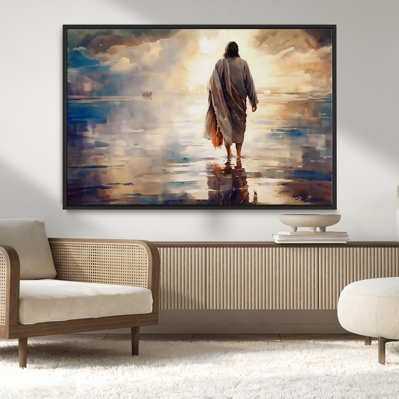 MGV-FC-36X24 - Jesus Walking on Water Wall Art | Ready to Hang Spiritual Triptych Canvas Print | Inspirational