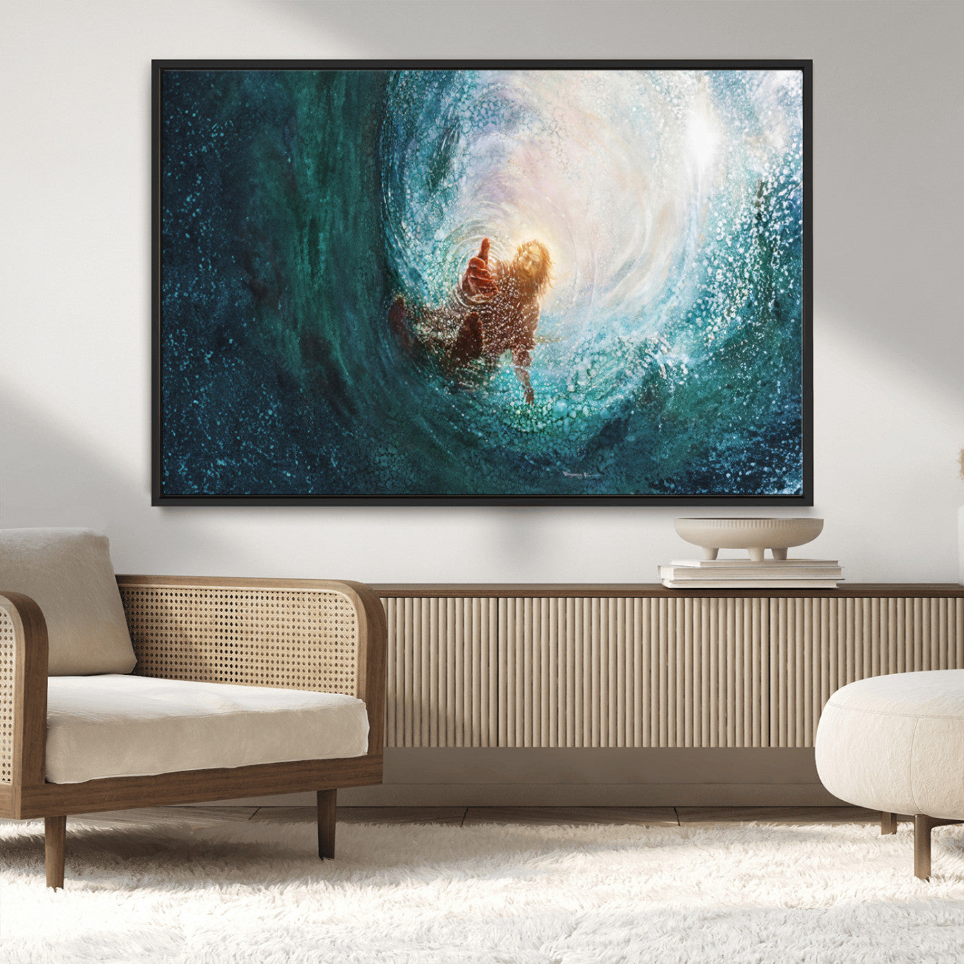 MGV-FC-36X24 - Powerful Jesus Canvas Print - Hand of Salvation, Inspirational Wall Art - Framed, Ready to Hang for