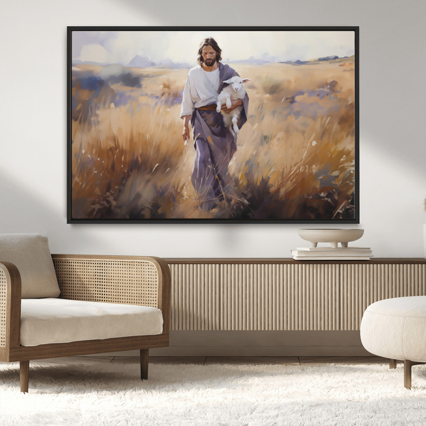 MGV-FC-36X24 - Jesus the Good Shepherd Wall Art Canvas Print - Lost Lamb Print for Prayer Room Decor