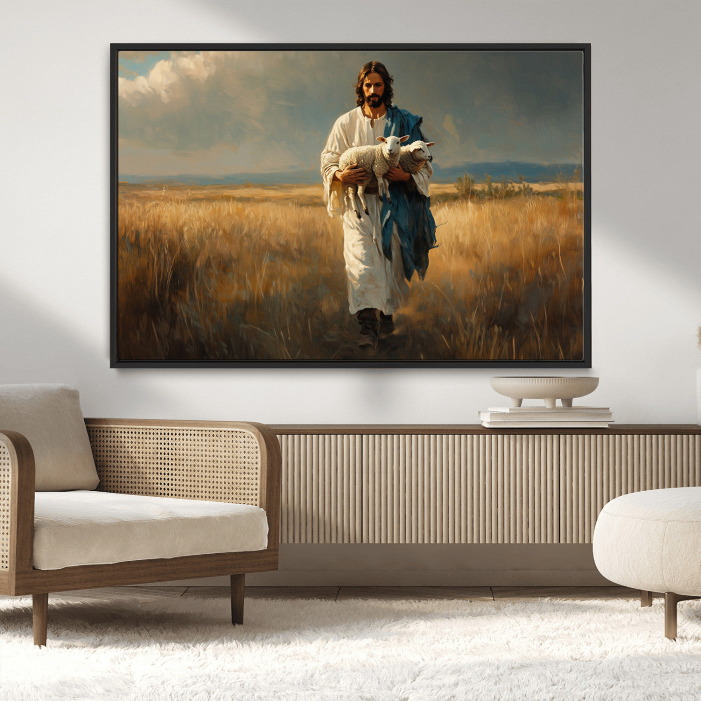 MGV-FC-36X24 - Jesus Shepherd Wall Art | Ready to Hang Triptych Canvas of Jesus Holding a Lamb in a Field |