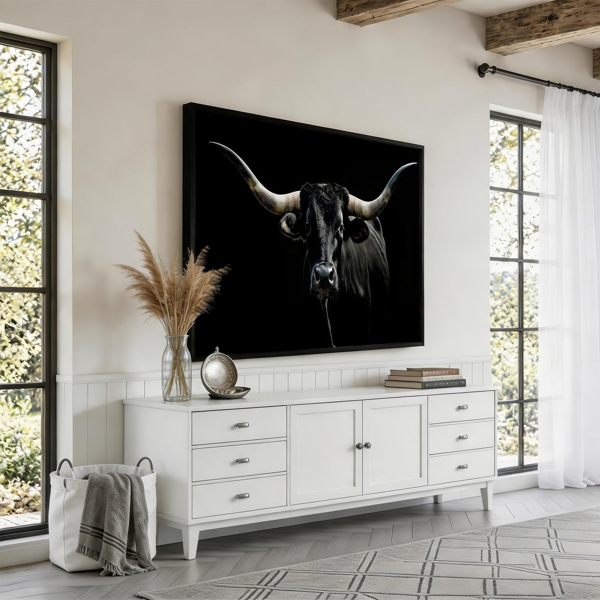 20679-MGV-CV-24X16 - Texas Black Longhorn Bull Wall Art Canvas Print, Western Cattle Rustic Decor