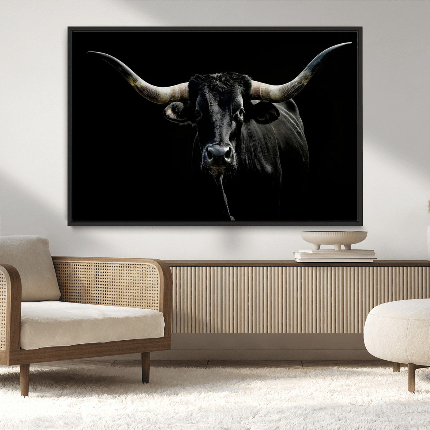 MGV-FC-36X24 - Texas Black Longhorn Bull Wall Art Canvas Print - Western Texas Cattle Rustic Decor Print - Longhorn