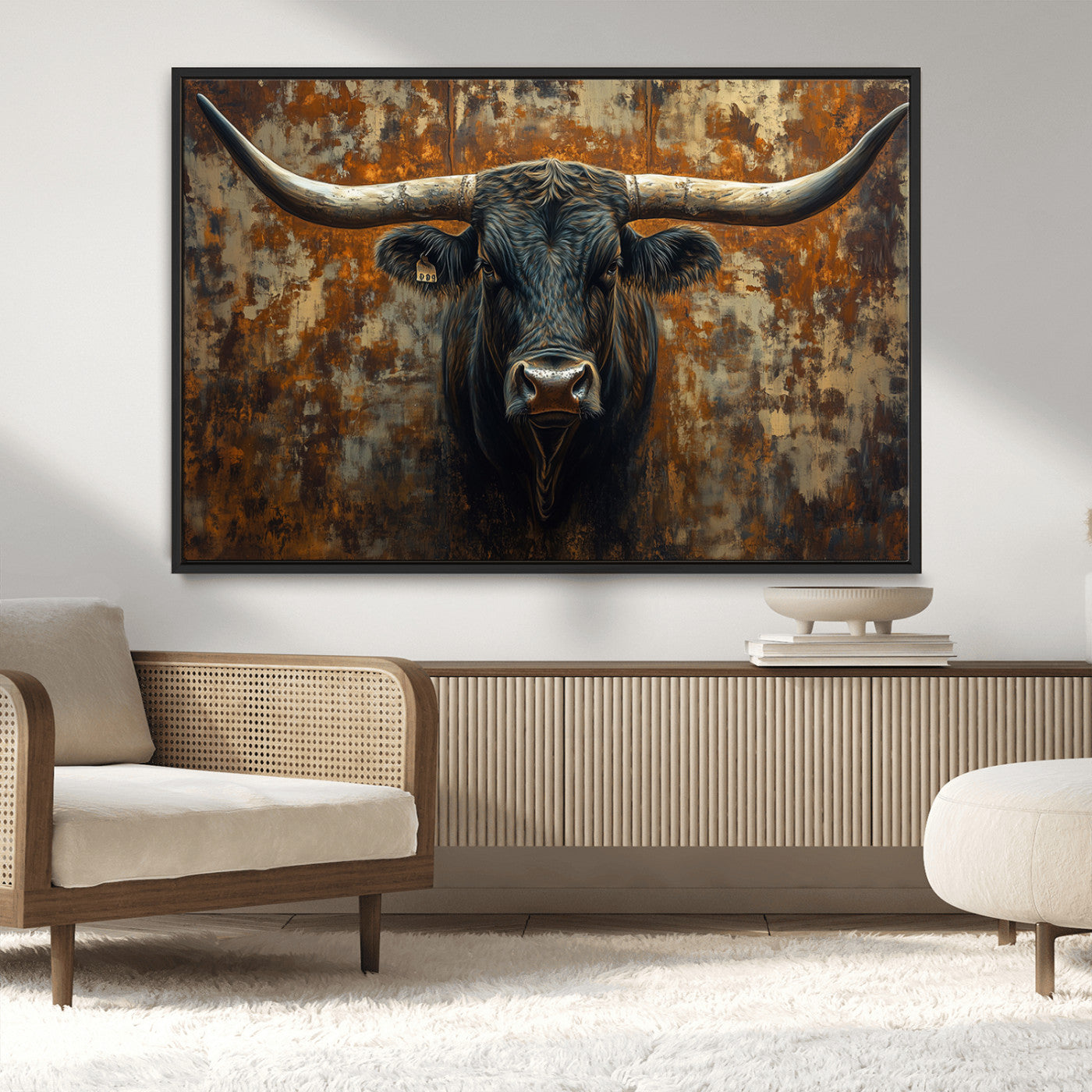 MGV-FC-36X24 - Longhorn Texas Cow Bull Wall Art | Rustic Farmhouse Canvas Print | Ready to Hang Barn Decor for