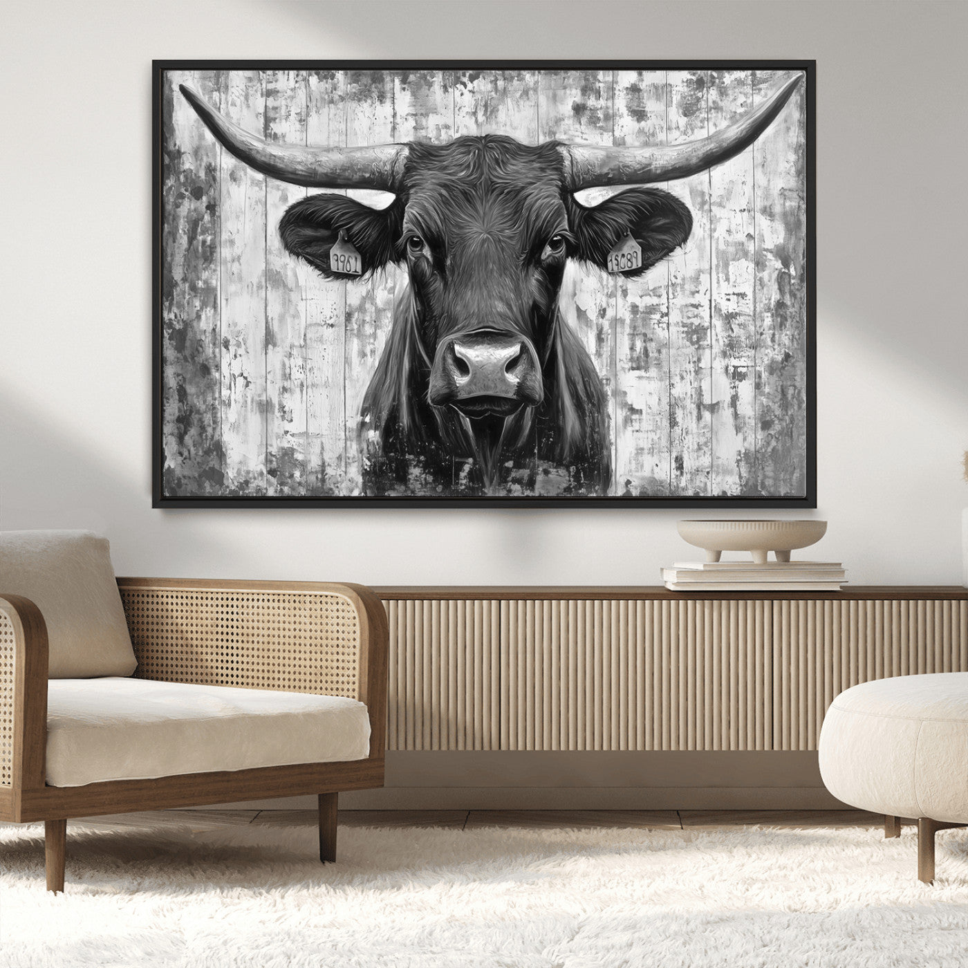 MGV-FC-36X24 - Abstract Longhorn Bull Wall Art Canvas Print - Rustic Texas Western Cow Artwork