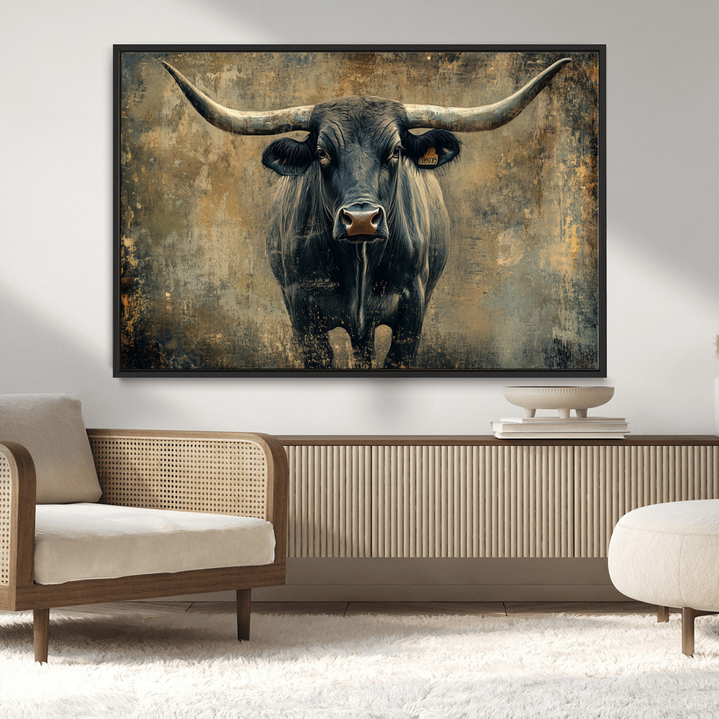 MGV-FC-36X24 - Longhorn Bull Wall Art Canvas Print, Framed Rustic Cow Art Picture Print, Texas Longhorn Perfect Western Decor Artwork