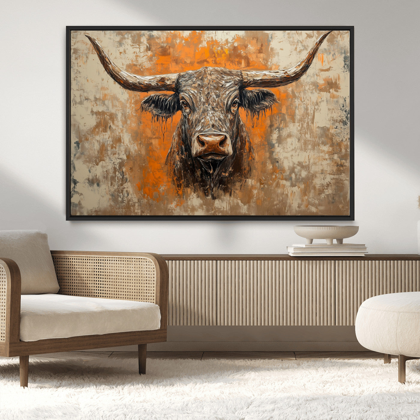 MGV-FC-36X24 - Abstract Cow Longhorn Bull Wall Art Canvas Print - Rustic Texas Western Cattle Artwork