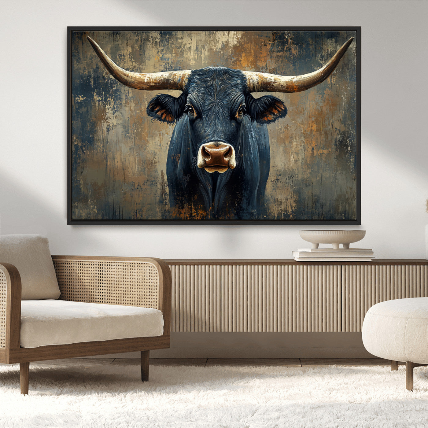 MGV-FC-36X24 - Texas Western Wall Art Canvas Print - Abstract Cow Longhorn Bull Wall Art Canvas Print - Rustic Cow