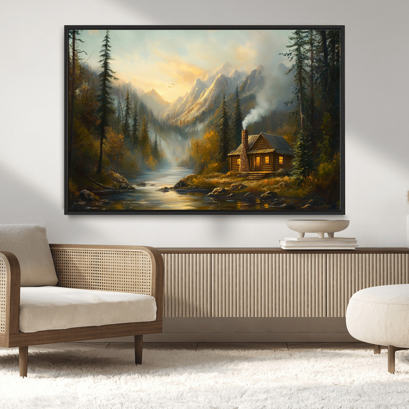 MGV-FC-36X24 - Wood Cabin Retreat Mountain at Sunset Wall Art Print - Serene Forest and River Landscape Wall Art