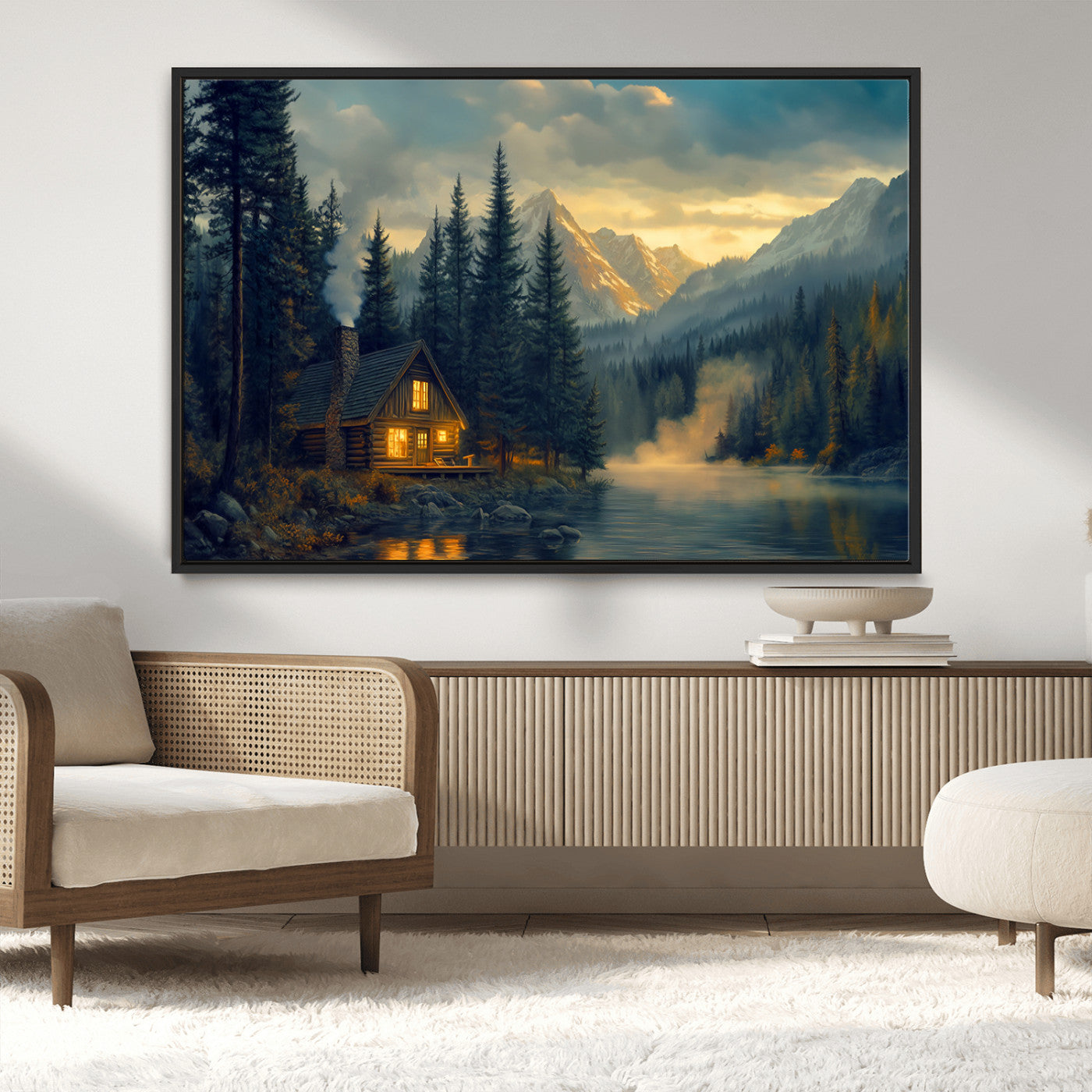 MGV-FC-36X24 - Mountain Cabin by the Lake at Sunset Wall Art - Serene Nature Canvas Print for Living Room Decor,
