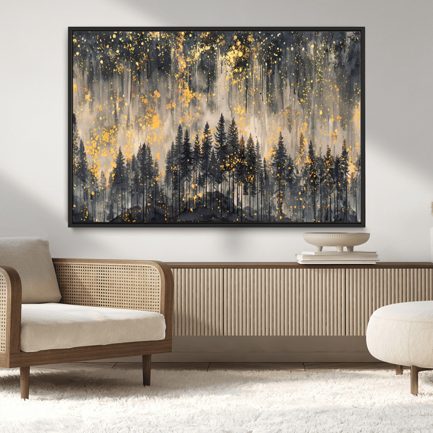 MGV-FC-36X24 - Golden Forest Abstract Wall Art | Dark Forest with Gold Splatter Accents | Triptych Ready to Hang