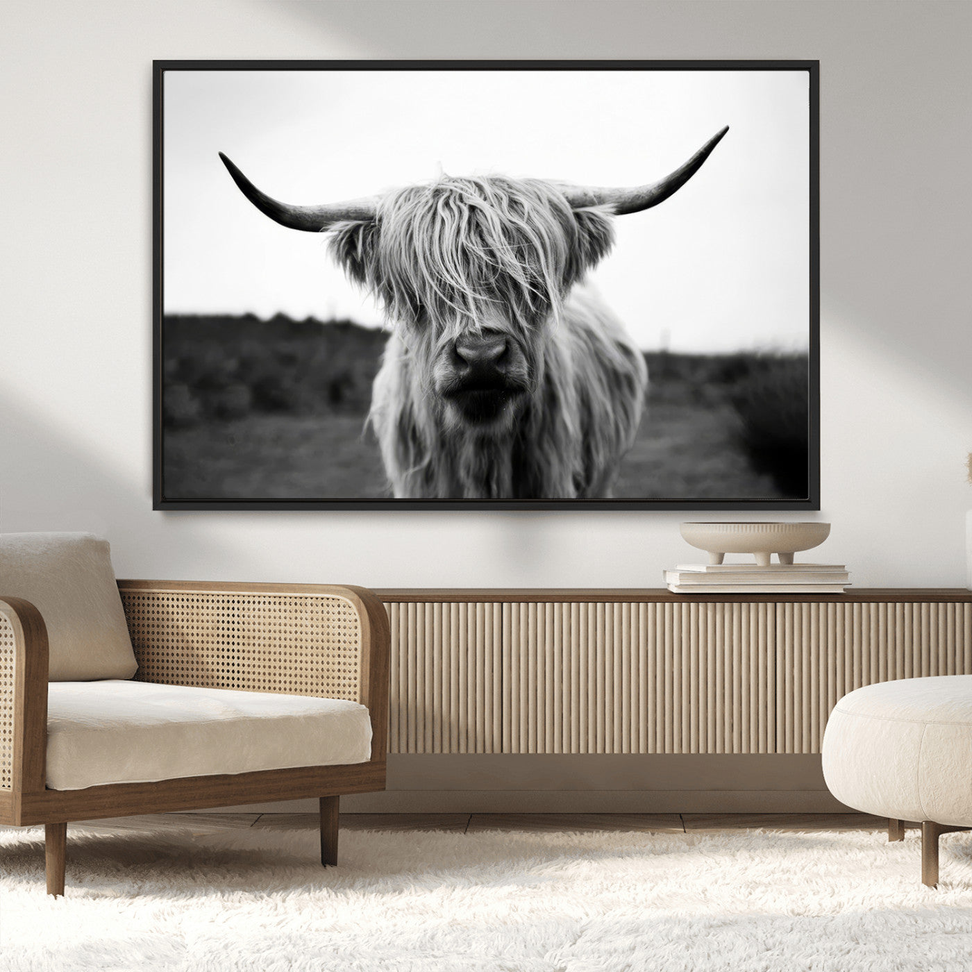 MGV-FC-36X24 - Highland Cow Wall Art | Black and White Farmhouse Decor | Triptych Canvas Print | Rustic Barn Decor