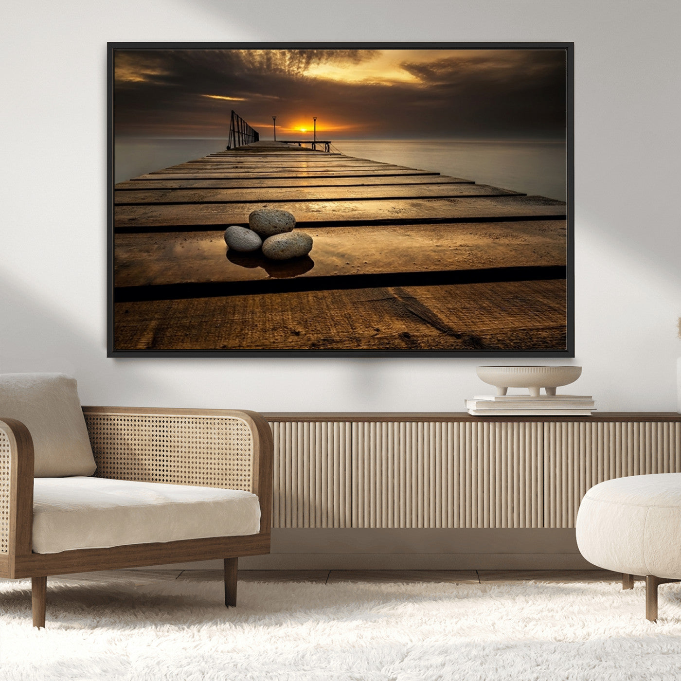 MGV-FC-36X24 - Stones on Wooden Pier at Sunset Canvas Print, Serene Coastal Wall Art, Beach Sunset Photography,