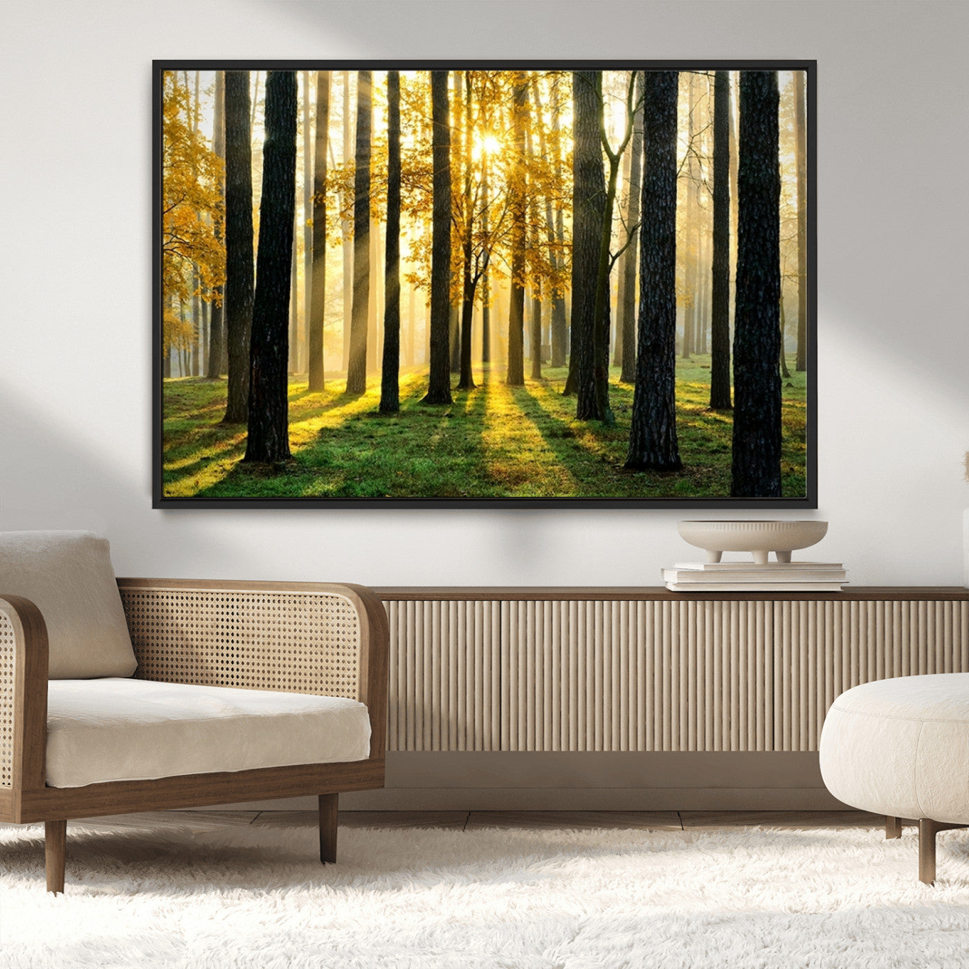 MGV-FC-36X24 - Sunlit Forest Canvas Wall Art – Serene Woodland Triptych Landscape Print – Nature-Inspired Decor for