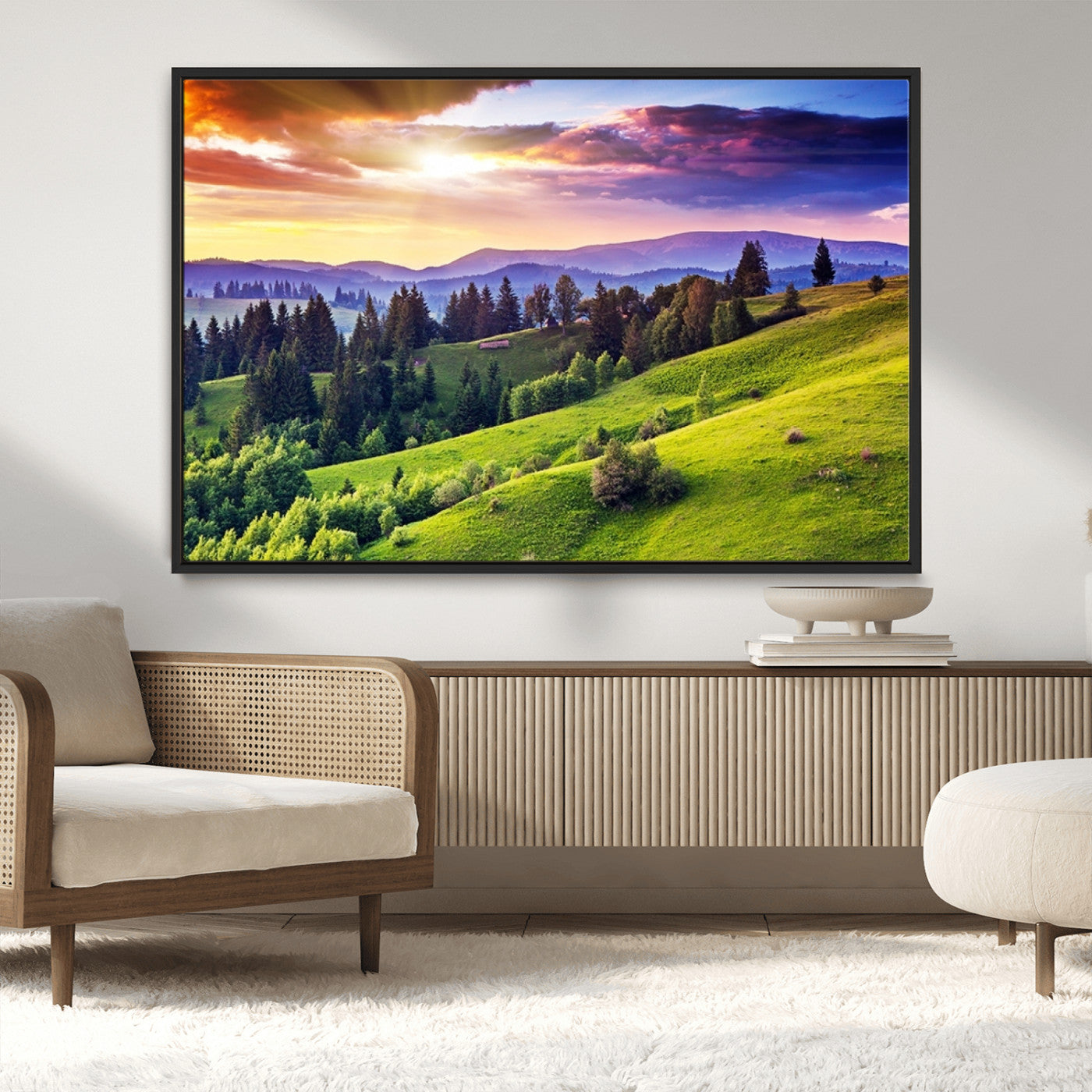 MGV-FC-36X24 - Green Hills and Sunset Wall Art Print - Scenic Landscape with Lush Greenery and Vibrant Sky, Ready