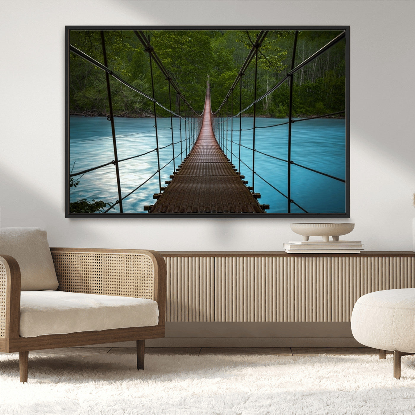 MGV-FC-36X24 - Suspension Bridge Over River Canvas Art | 3-Panel Nature Photography | Scenic Wall Art for Living