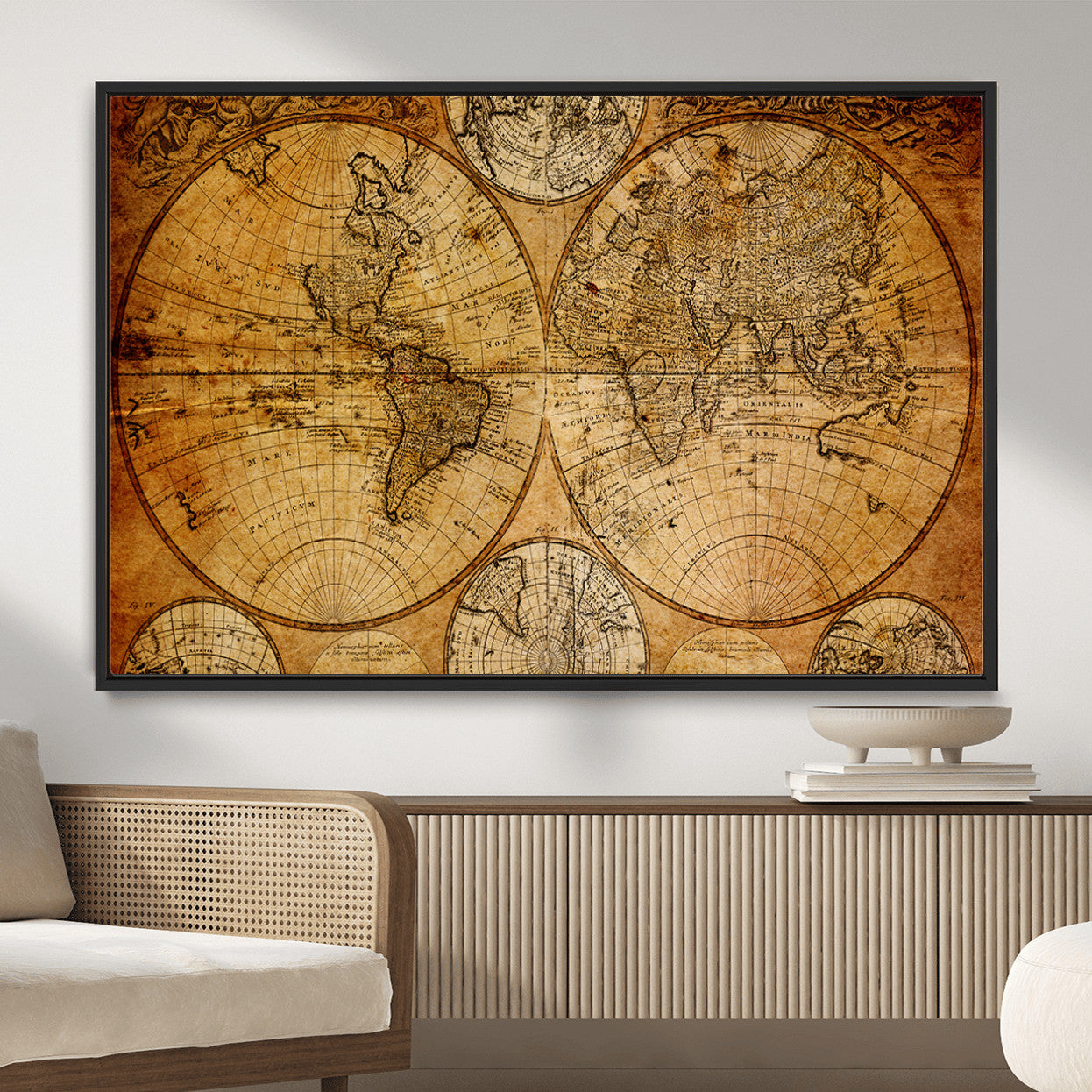 25517-MGV-FC-36X24 - Vintage World Map Canvas Print – Antique Push Pin Travel Map, Framed Wall Art for Home or Office Decor