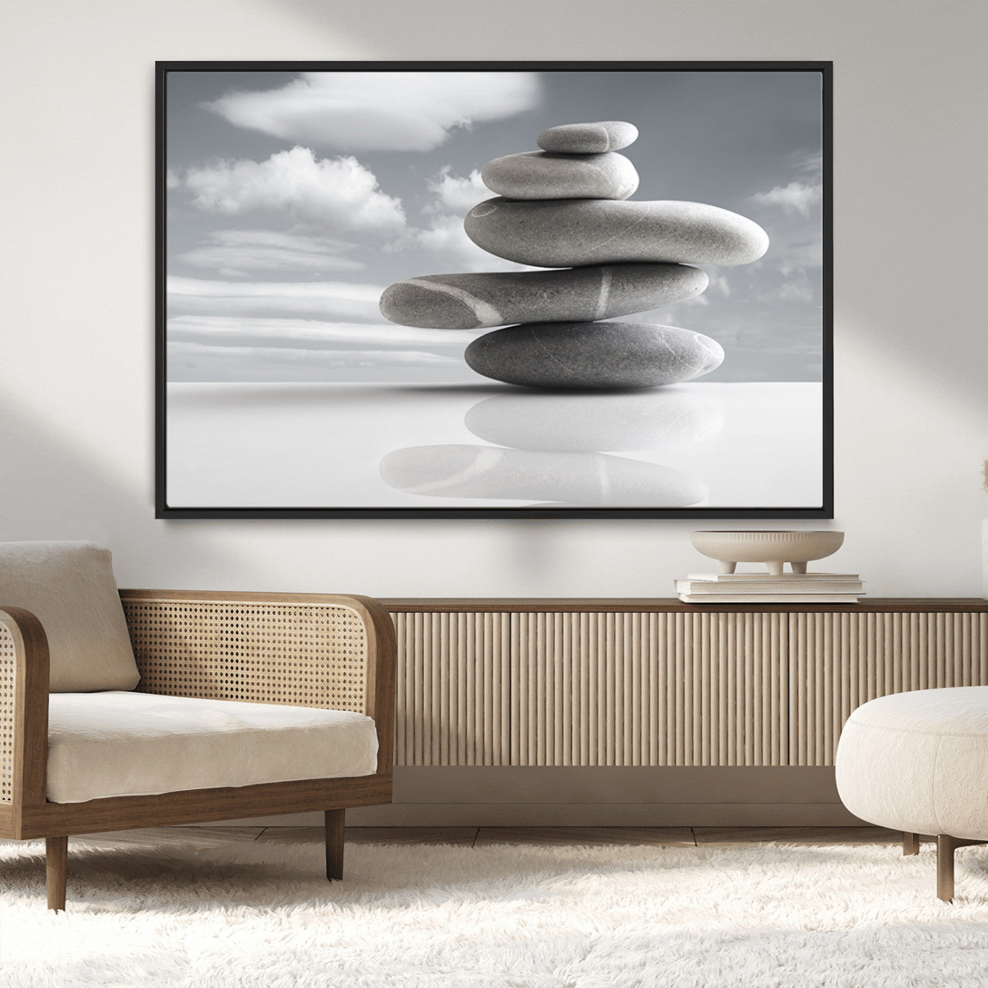 MGV-FC-36X24 - Still Life Black and White Zen Stones Wall Art Canvas, Framed Black and White Zen Stones Canvas