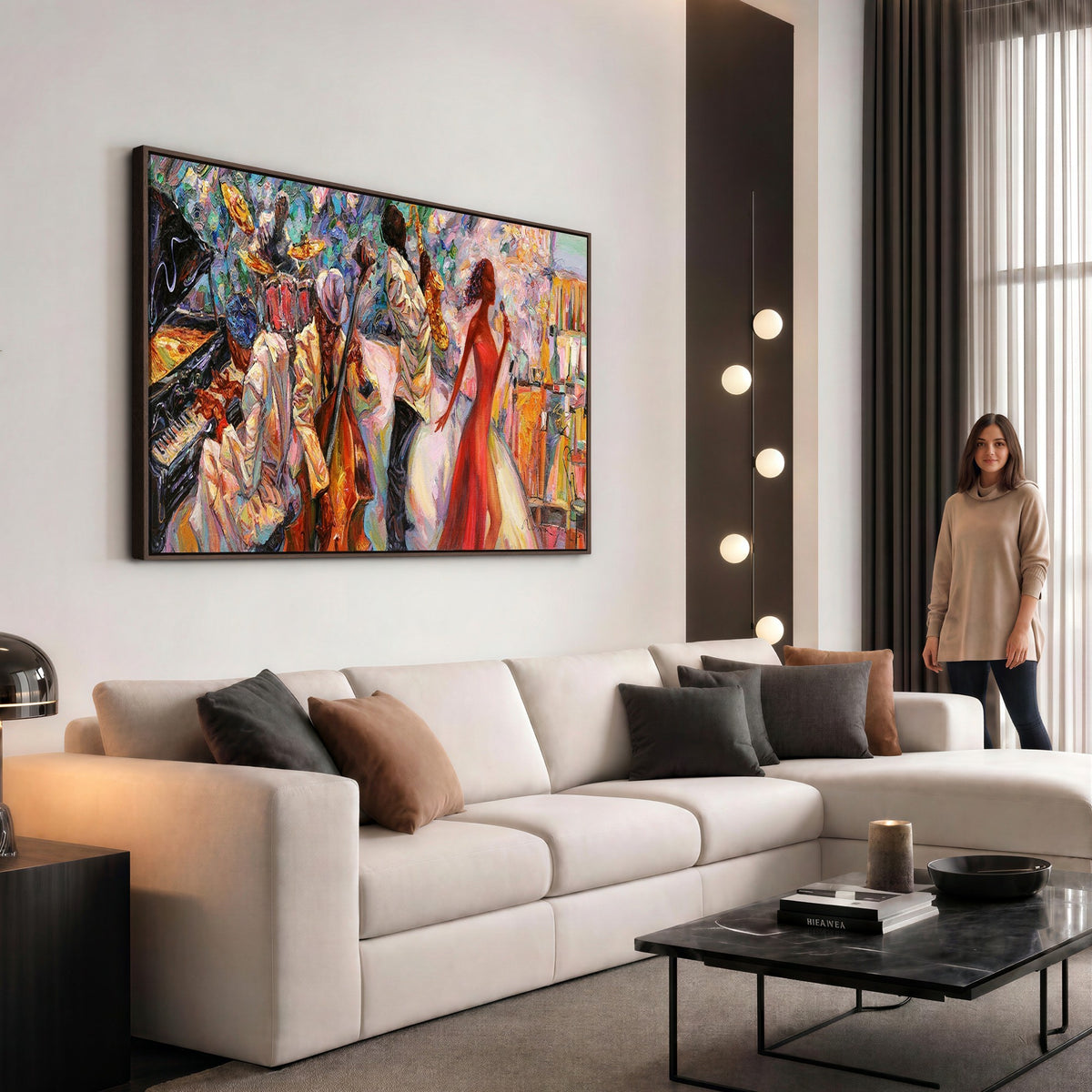 40574-_Poster-30x20 - Afro American Jazz Band Canvas Wall Art | 3 Panel Music Studio Decor