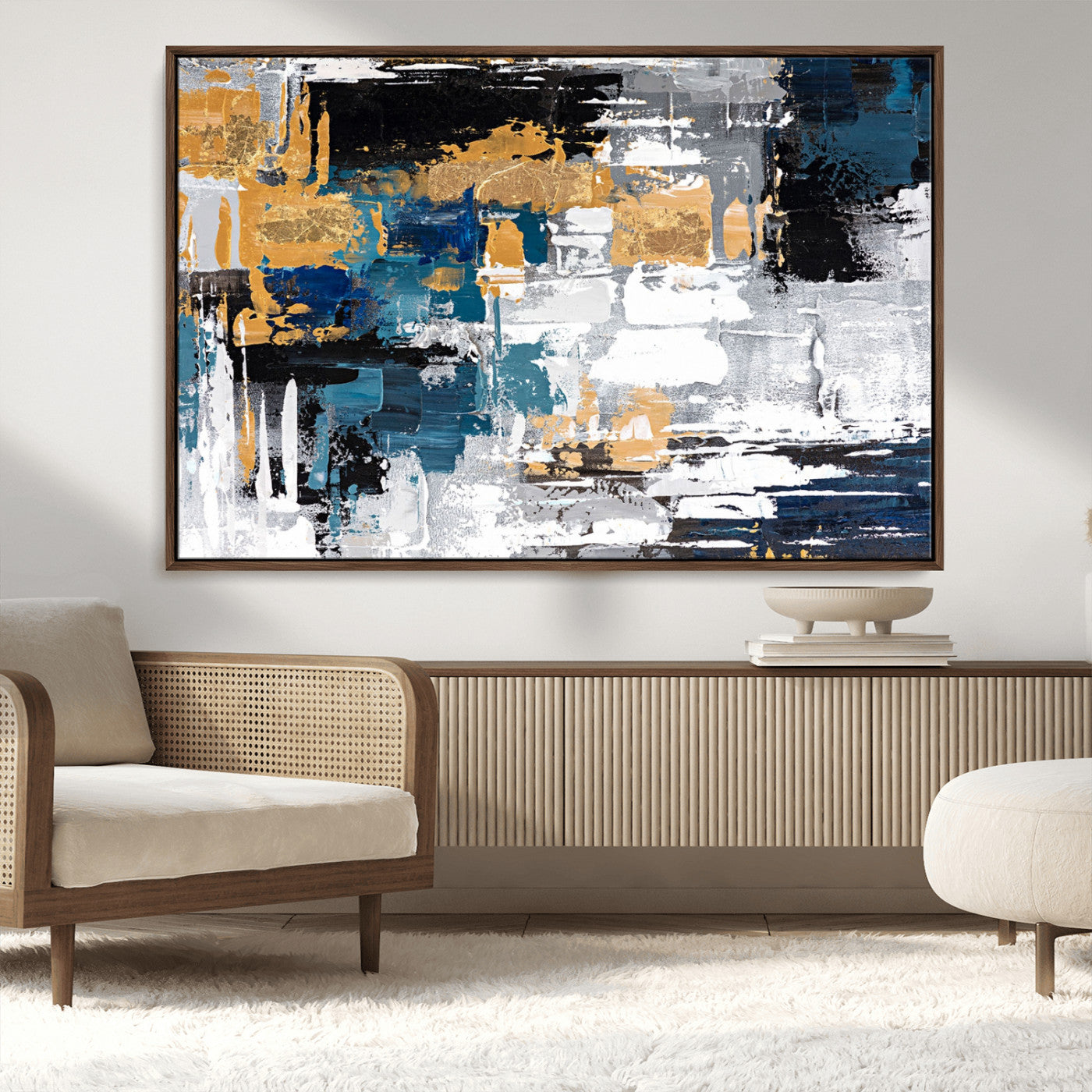 57708-MGV-CV-36X24-Blue and Gold Abstract Canvas Wall Art – Triptych Modern Painting for Living Room – Framed and Ready to Hang