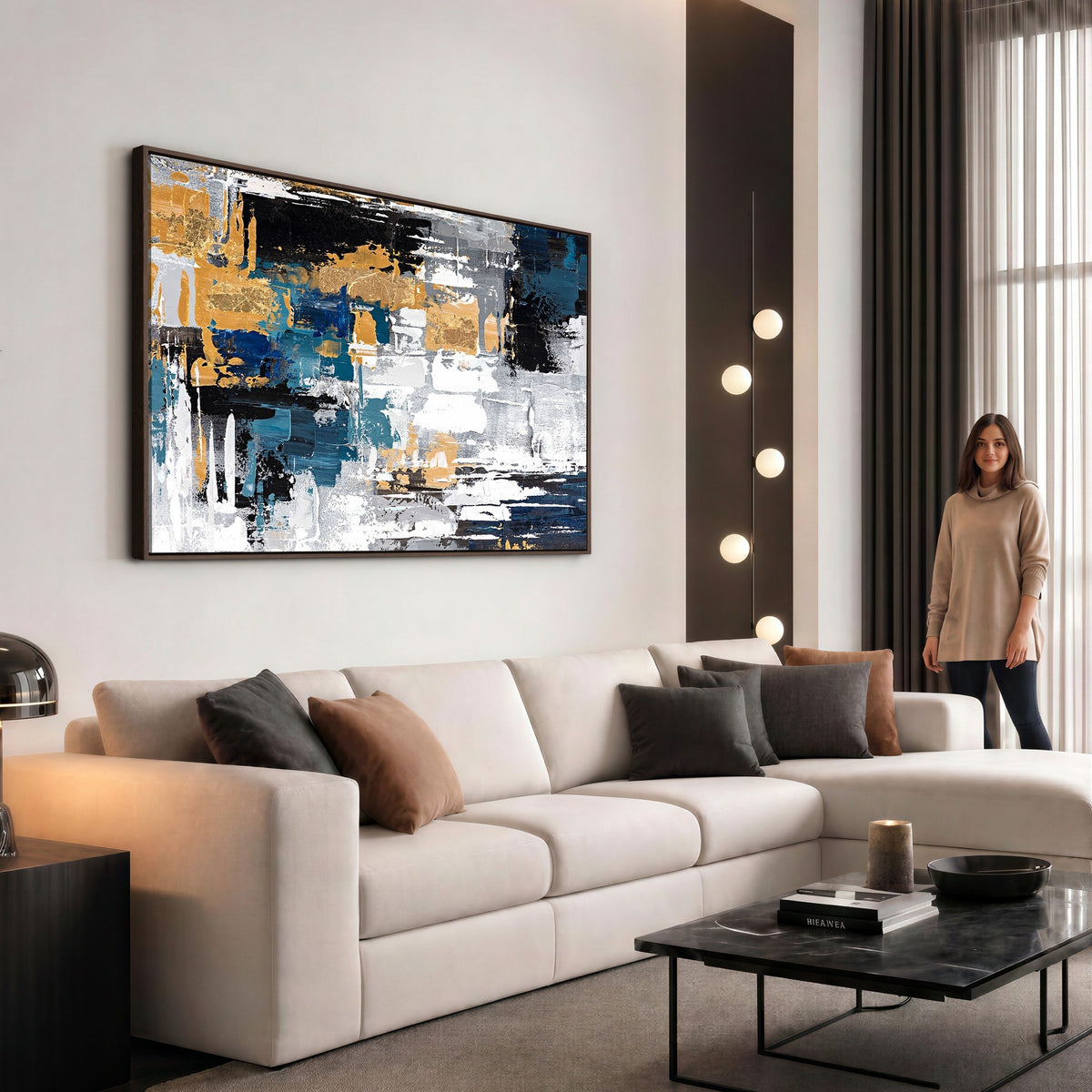 57708-_Poster-30x20 - Blue and Gold Abstract Canvas Wall Art | Triptych Modern Art Print