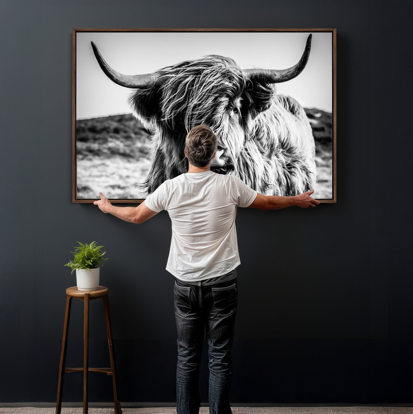 36979-MGV-CV-36X24 - Handsome Scottish Cow Black and White Wall Decor Canvas Art Print Extra Large Wall Art Highland Cattle Canvas Picture Animal Art Nature Photography High Quality Original Canvas Framed Ready to Hang