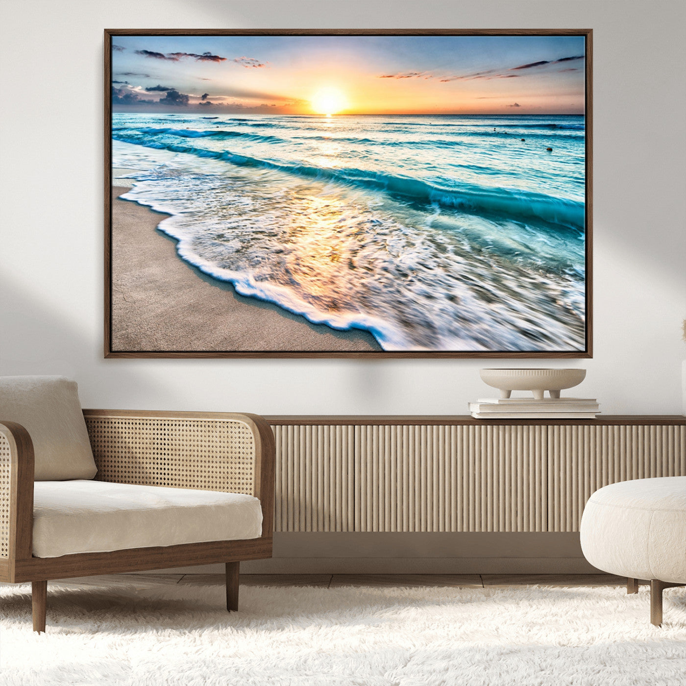 MGV-FC-36X24 - Sunset Beach Waves Canvas Wall Art – 5-Panel Ocean Sunset Print – Coastal Decor for Living Room or