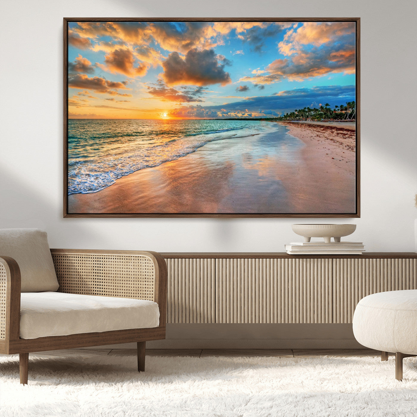 MGV-FC-36X24 - Sunset Ocean Waves on Tropical Beach, 3-Panel Giclee Canvas Art for Coastal Home Decor, Vibrant Palm-Lined Shore