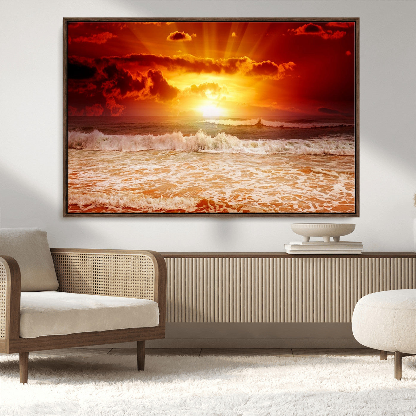 MGV-FC-36X24 - Red Sunset Ocean Beach Canvas Wall Art Beach Canvas, Coastal Sunset Print