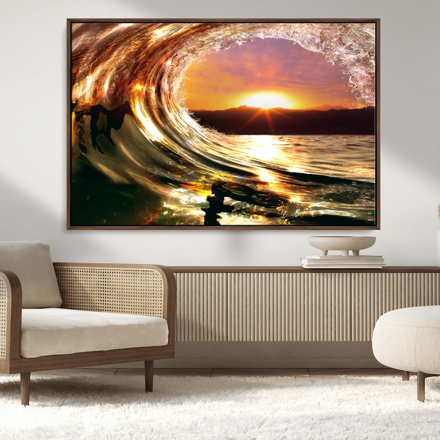 MGV-FC-36X24 - Golden Wave Sunset Triptych Canvas Art, Giclee Canvas Print of Ocean Wave and Sunset, Framed Ocean