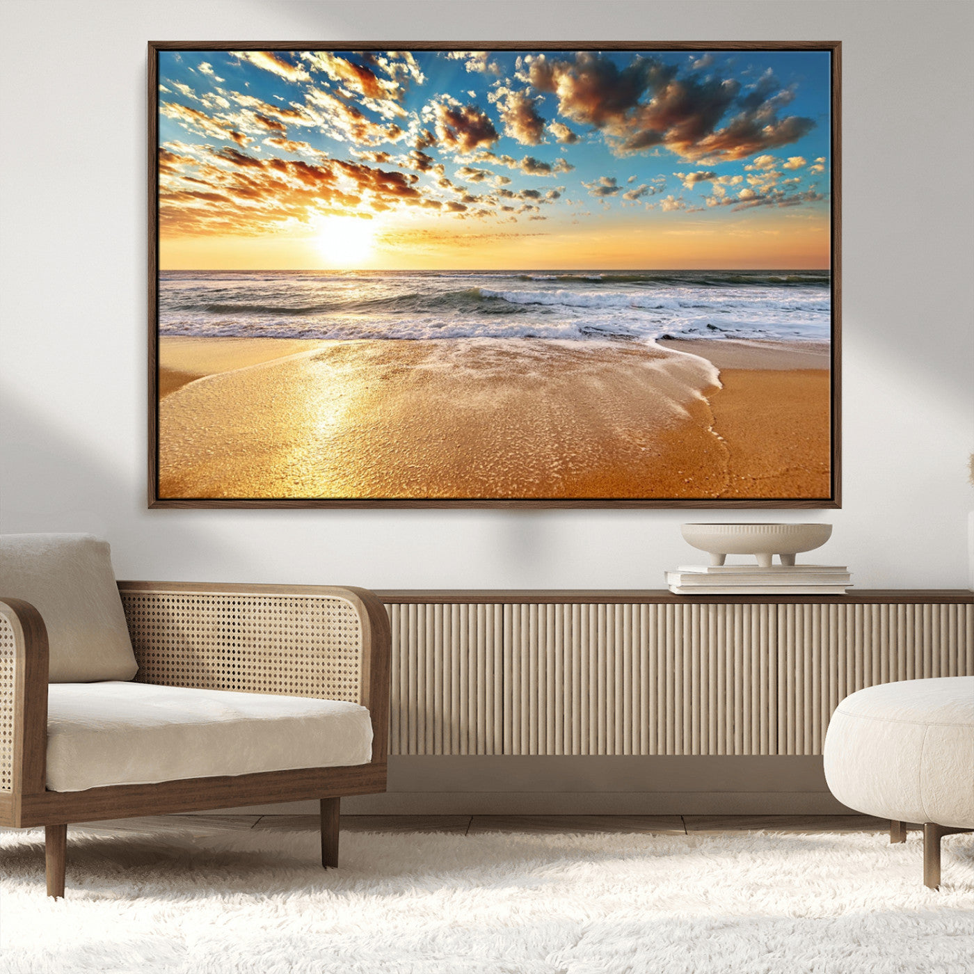 MGV-FC-36X24 - Golden Sunset Beach Print Canvas Wall Art, Giclee Canvas Print with Canon Print Quality, Triptych