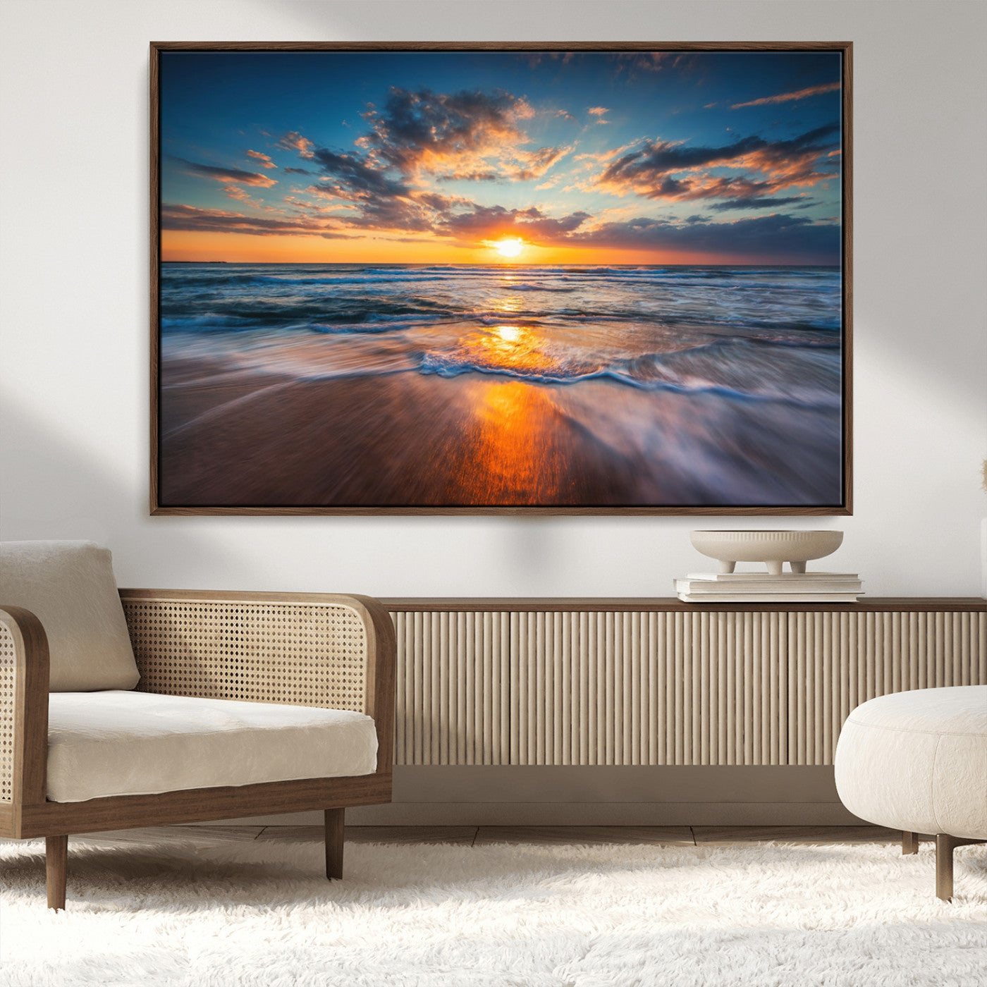 MGV-FC-36X24 - Sunset on the Ocean Beach with Waves, Reflections on Sand, Coastal Wall Art Print, Beach Wall Art,