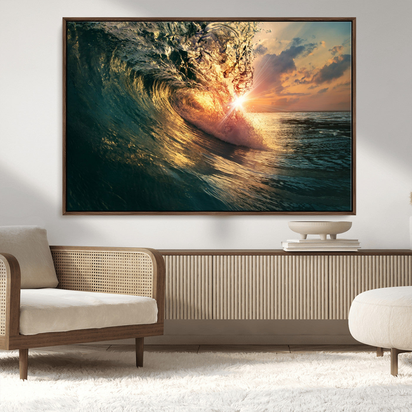 MGV-FC-36X24 - Ocean Wave Sunset Canvas Wall Art – Triptych Seascape Print – Framed and Ready to Hang for Living Room or Office