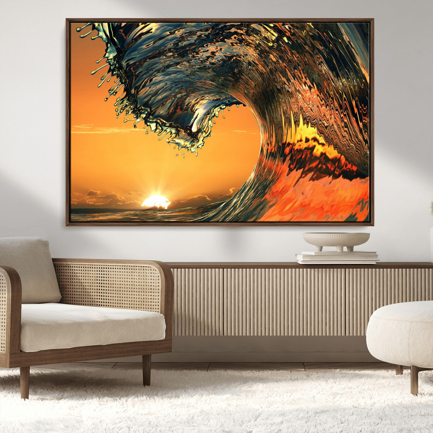 -Surf Wave Sunset Canvas Wall Art Print, 3-Panel Ocean Coastal Wall Art Print, Ocean Decor for
