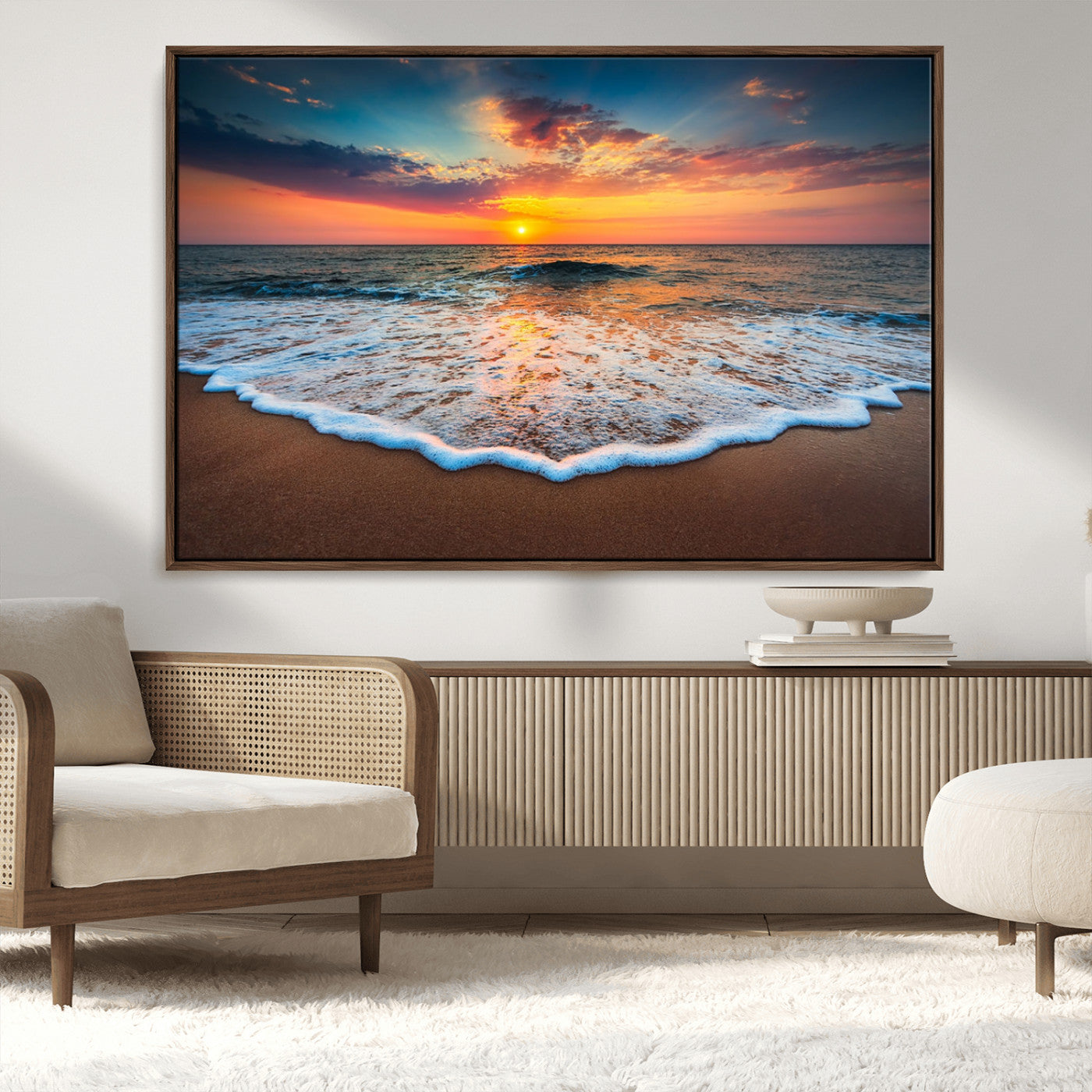 MGV-FC-36X24 - Sunset Beach Canvas Wall Art – Colorful Ocean Waves Triptych – Coastal Decor for Living Room or Bedroom – Framed and Ready to Hang