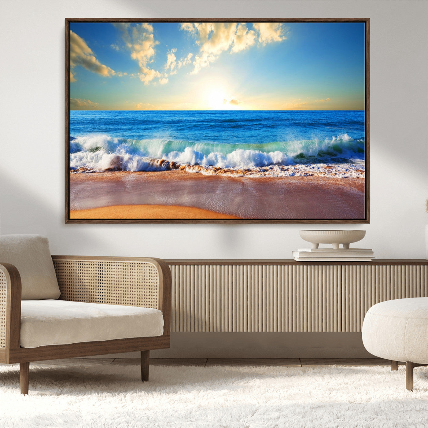 MGV-FC-36X24 - Tropical Beach Sunset Canvas Art, Ocean Waves and Sandy Shoreline Wall Art, Large Beach Decor for Coastal Homes