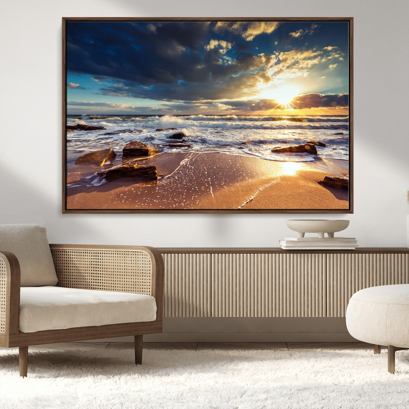 MGV-FC-36X24 - Golden Hour Beach Sunset Canvas Triptych, Ocean Waves and Rocks Wall Art for Coastal Home Decor