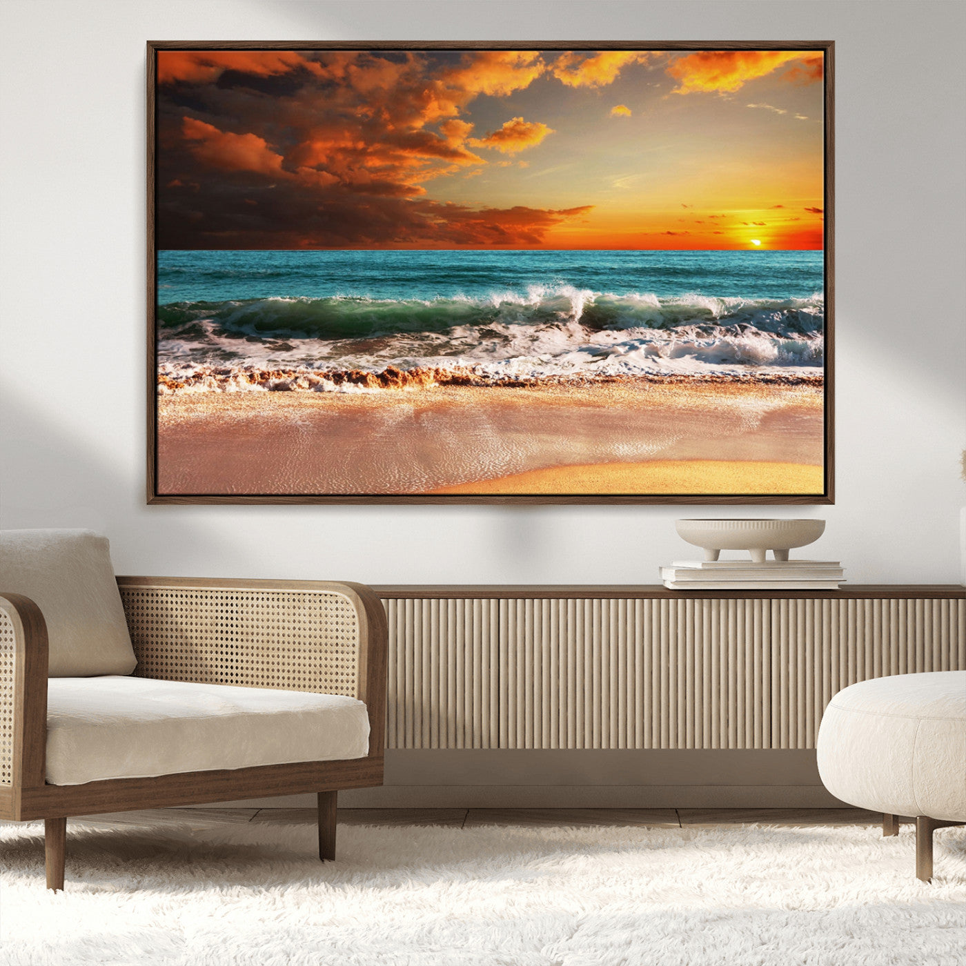 MGV-FC-36X24 - Golden Sunset Beach Canvas Wall Art – Triptych Seascape Print – Framed and Ready to Hang for Living Room or Office