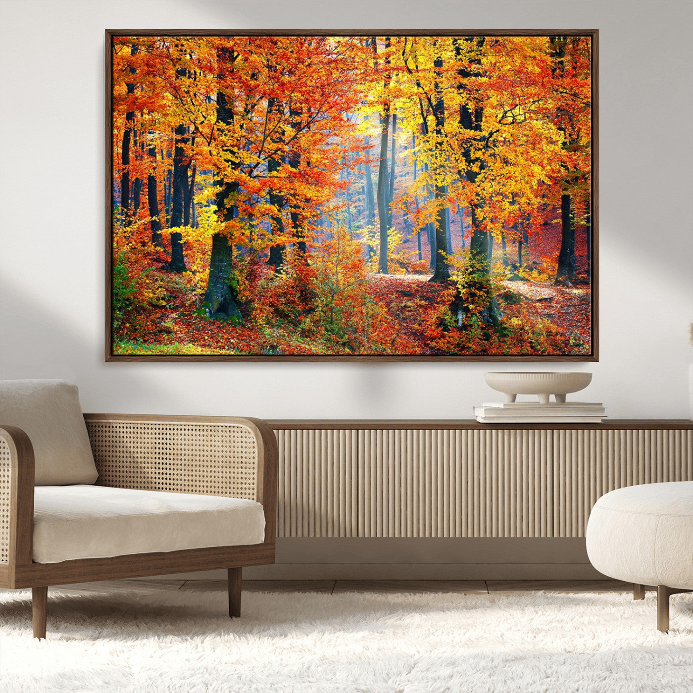 MGV-FC-36X24 - Autumn Red Forest Triptych Canvas Wall Art Print, Forest Wall Decor, Fall Landscape Art | Season Nature Landscape for Home or Office