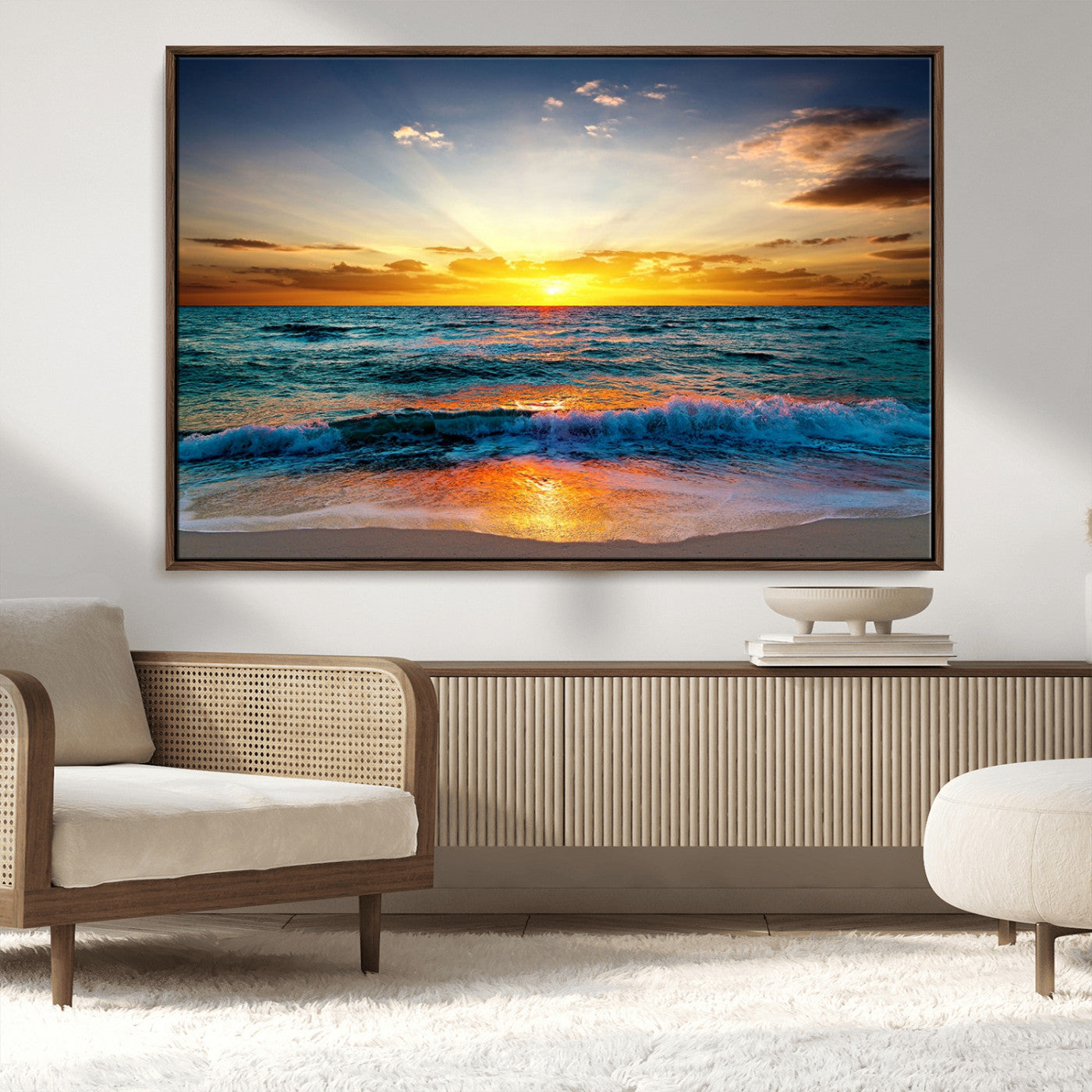 MGV-FC-36X24 - Vibrant Ocean Sunrise Over Golden Beach Waves, Giclee Canvas Wall Art Set, High-Quality Stretched Canvas Print, Ready to Hang Coastal Sunset Wall