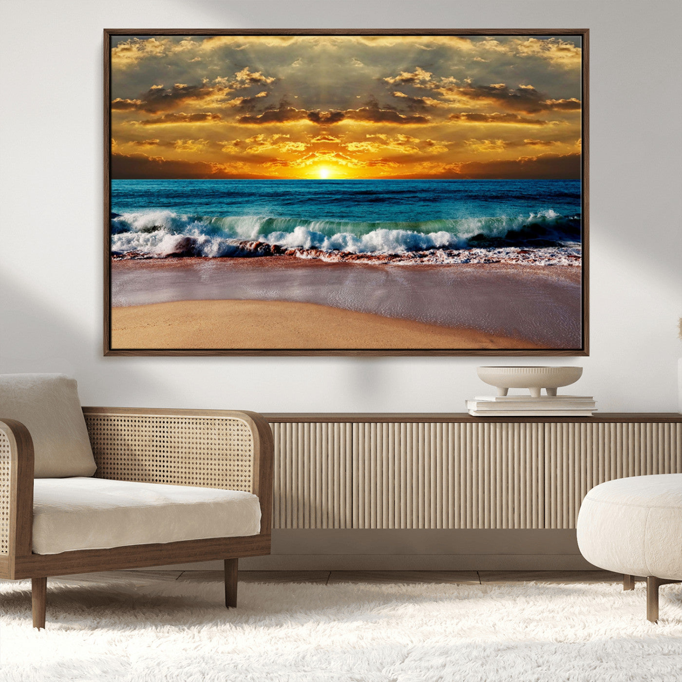 MGV-FC-36X24 - Ocean Sunrise Over Golden Beach Waves, Giclee Canvas Wall Art Set, High-Quality Stretched Canvas Print, Ready to Hang Coastal Sunset Wall Decor