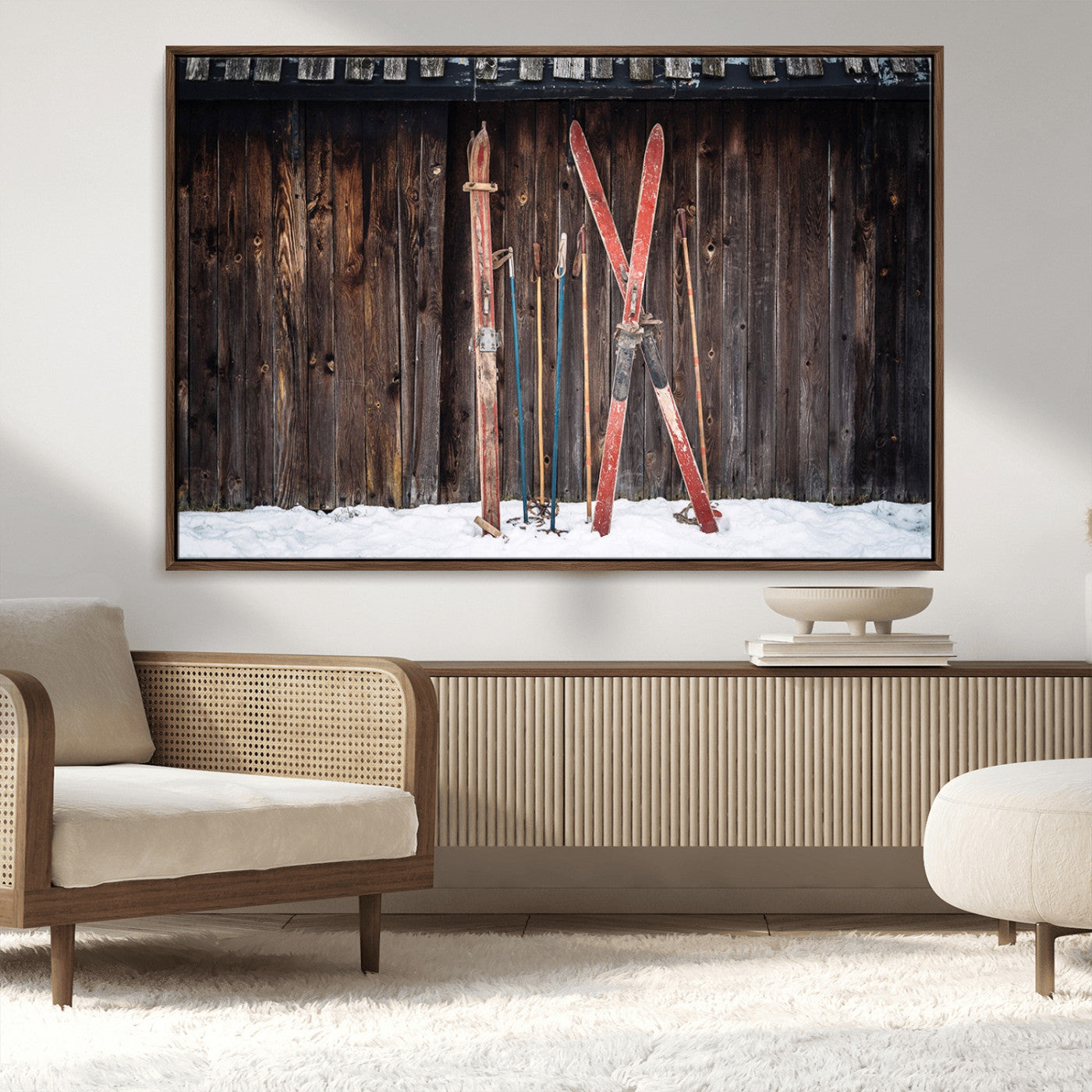 MGV-FC-36X24 - Vintage Ski Gear Against Wooden Cabin Wall, Rustic Winter Sports Equipment Canvas Print, Ready to Hang Wall Art, Perfect for Lodge or Ski Cabin Decor