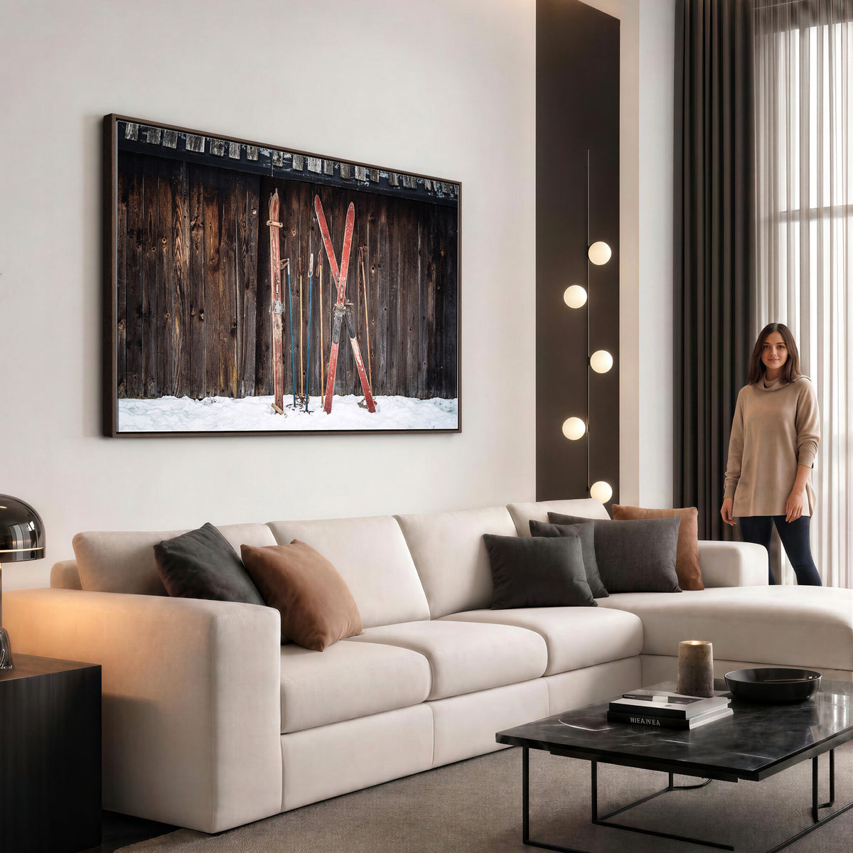 78590-MGV-CV-36X24 - Vintage Ski Gear Canvas Print, Vintage Ski Gear Against Wooden Cabin Wall