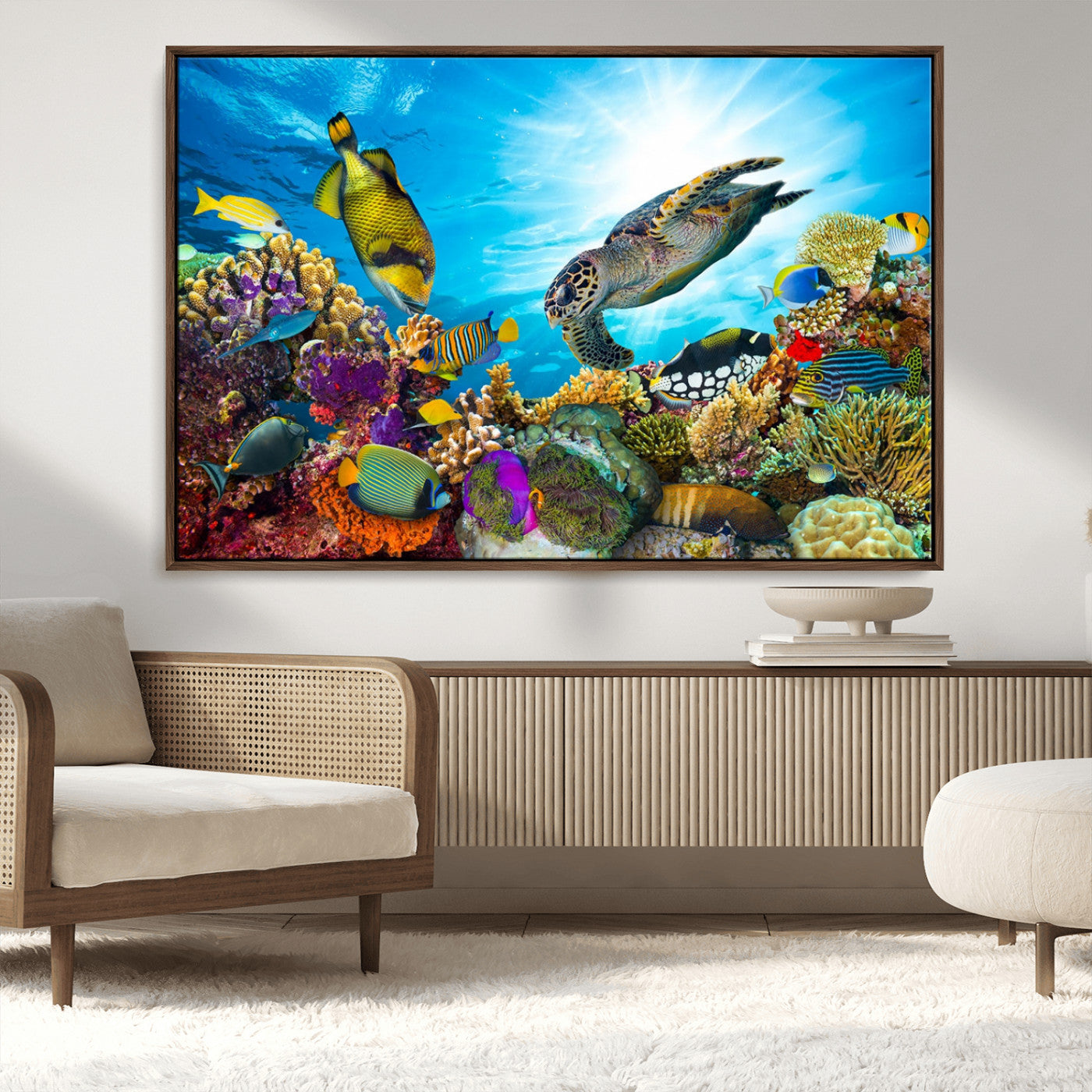 MGV-FC-36X24 - Sea Turtle Coral Reef Wall Art Print – Colorful Underwater Canvas Print – Tropical Ocean Marine Life Artwork – Perfect for Coastal Home Decor