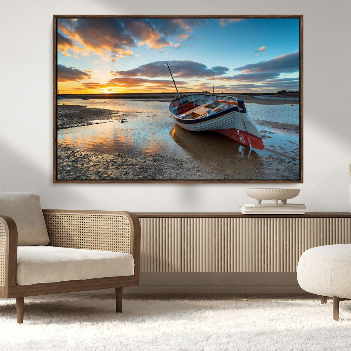 MGV-FC-36X24 - Small Boat At The Beach Sunset Wall Art, Boat Sunset Wall Art Canvas Print