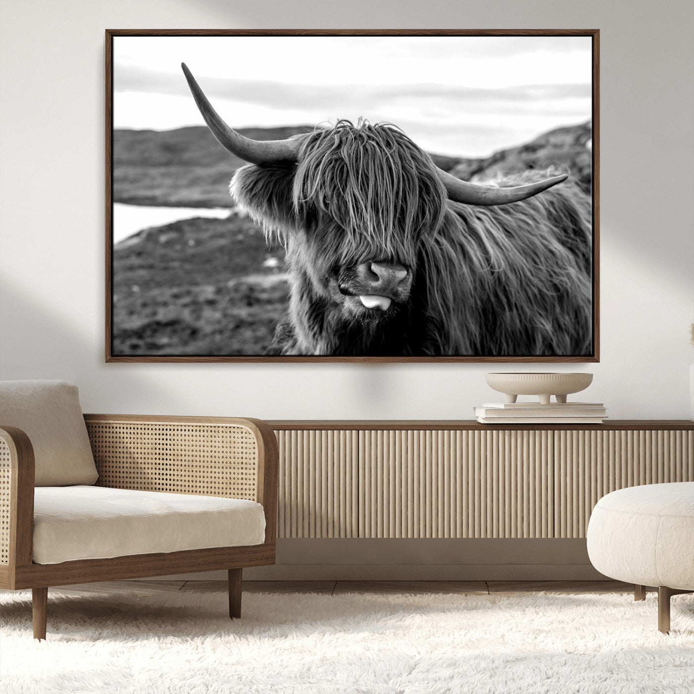 MGV-FC-36X24 - Highland Cow Canvas Wall Art – Black and White Animal Portrait – Framed and Ready to Hang Rustic Farmhouse Decor for Living Room or Office