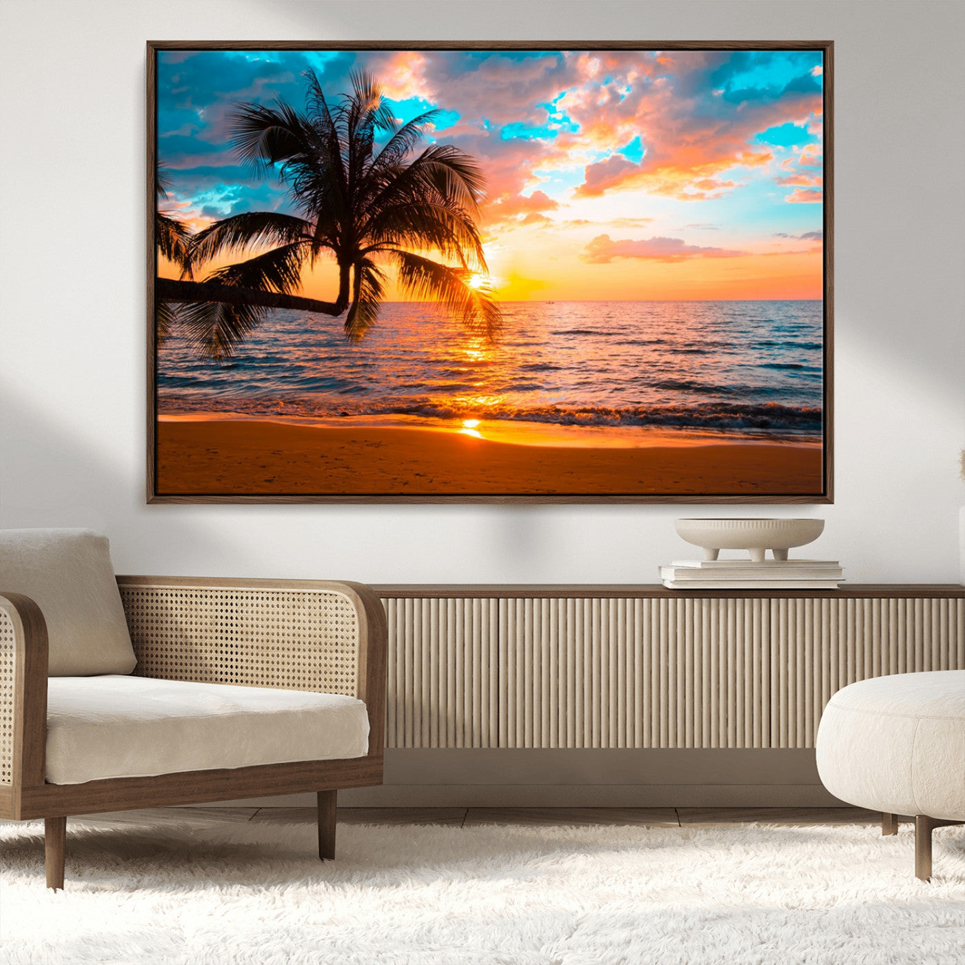 -Palm Tree Sunset On The Beach Wall Art Canvas, Framed Palm Tree Sunset Canvas Print
