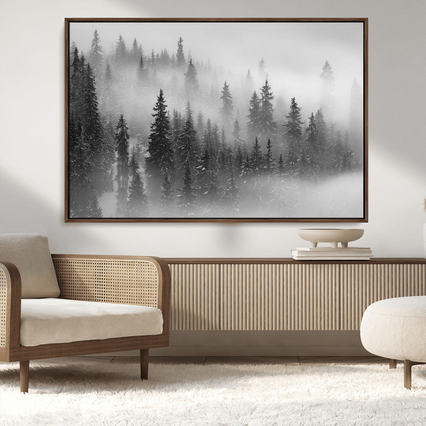 MGV-FC-36X24 - Black and White Forest Wall Art Print – Misty Pine Tree Canvas Print – Winter Woodland Nature Artwork – Perfect for Minimalist Home Decor
